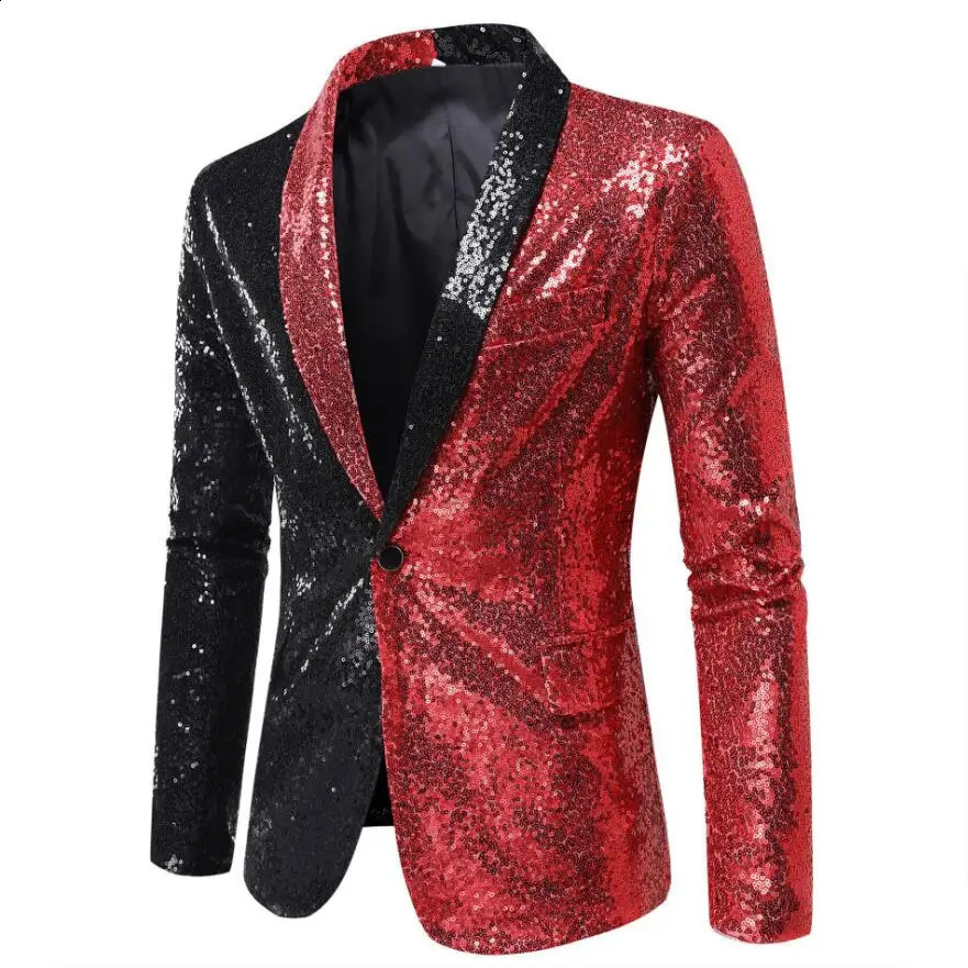 Shining gold sequin mens sports jacket slim fit patchwork mens suit nightclub party DJ stage singer dance show dress 241227
