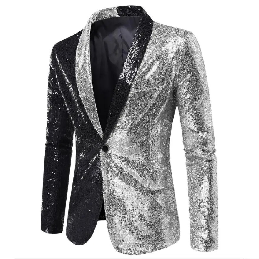 Shining gold sequin mens sports jacket slim fit patchwork mens suit nightclub party DJ stage singer dance show dress 241227