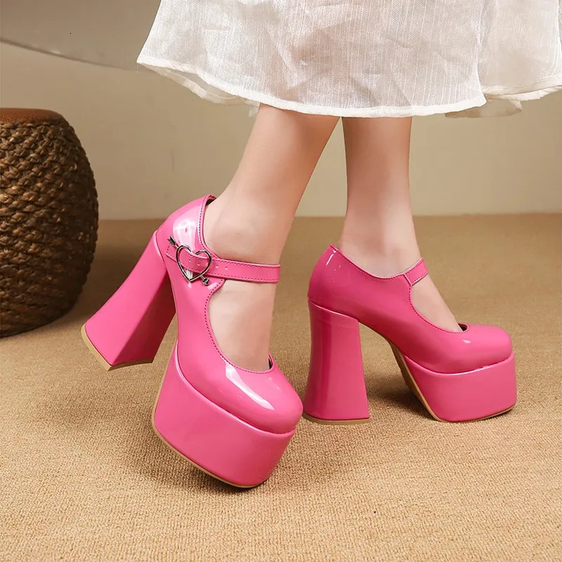 Women's PU Leather Platform Chunky Heeled Pumps Solid Color Ankle Strap Sandals Sexy Party Dress Shoes Heels
