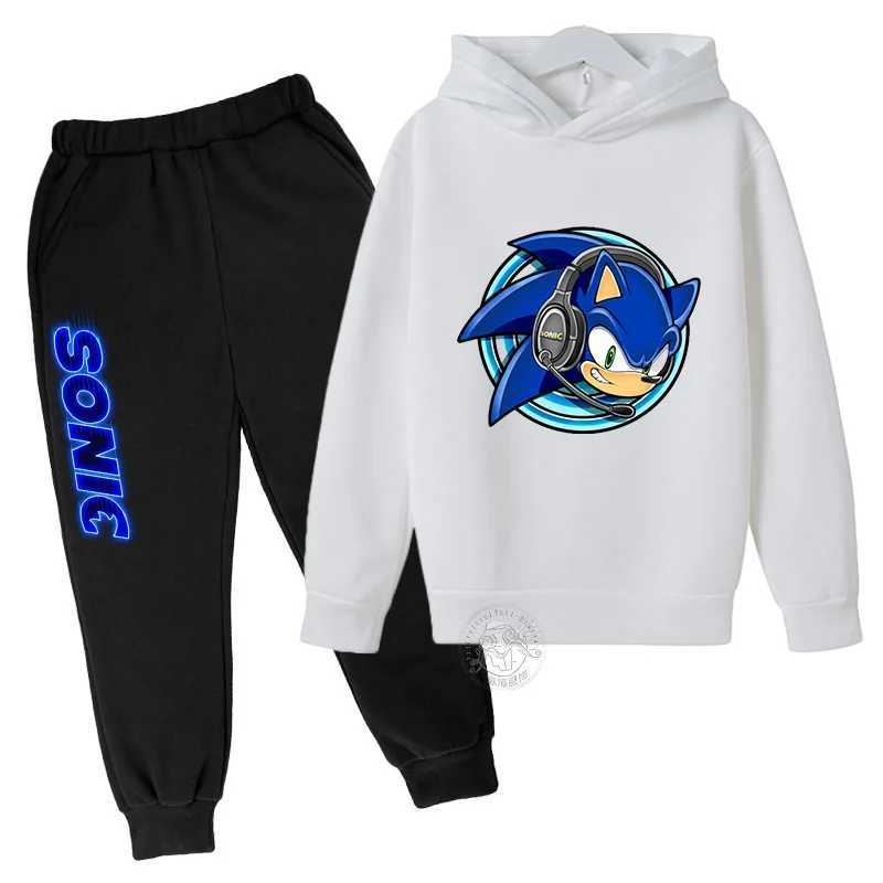 Childrens Anime Cartoon Sonic -Letter Printed Autumn/Winter Warm Two Piece Hoodie+Pants Sports Set for Boys and Girls Aged 3-13 X241228