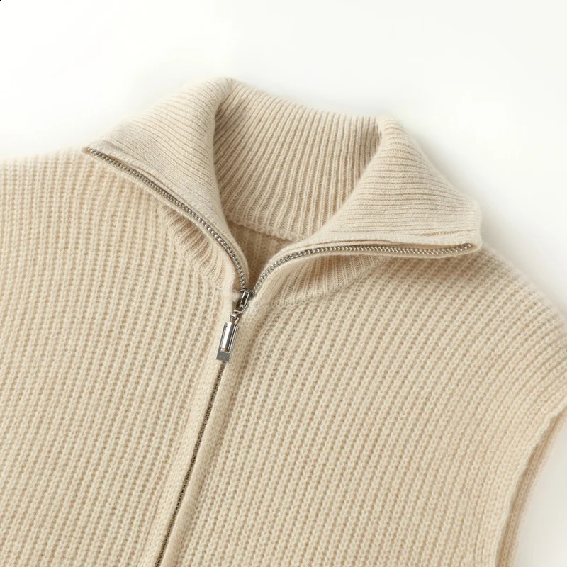 Women Cashmere Waistcoat Zippers Mock Neck Sweater Cardigan Autumn Winter 100% Merino Wool Knitted Striped Sleeveless Thick Vest 241228