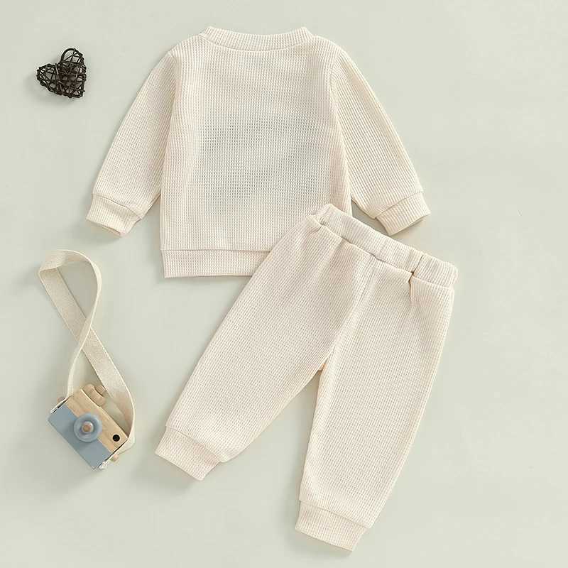 2024-05-21 Lioraitiin Toddler Boy Girl Waffle Outfit Letter Embroidery Long Sleeve Sweatshirt with Elastic Waist Solid Pants Set X241228