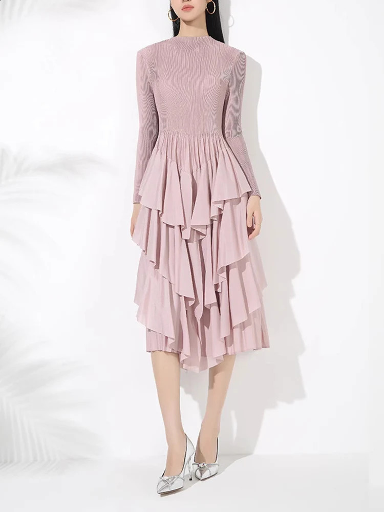 LANMREM Elegant Pleated Mid Length Dress For Women Long Sleeves Irregular Ruffles Patchwork A-line Dresses Fashion 2VV2046 241223