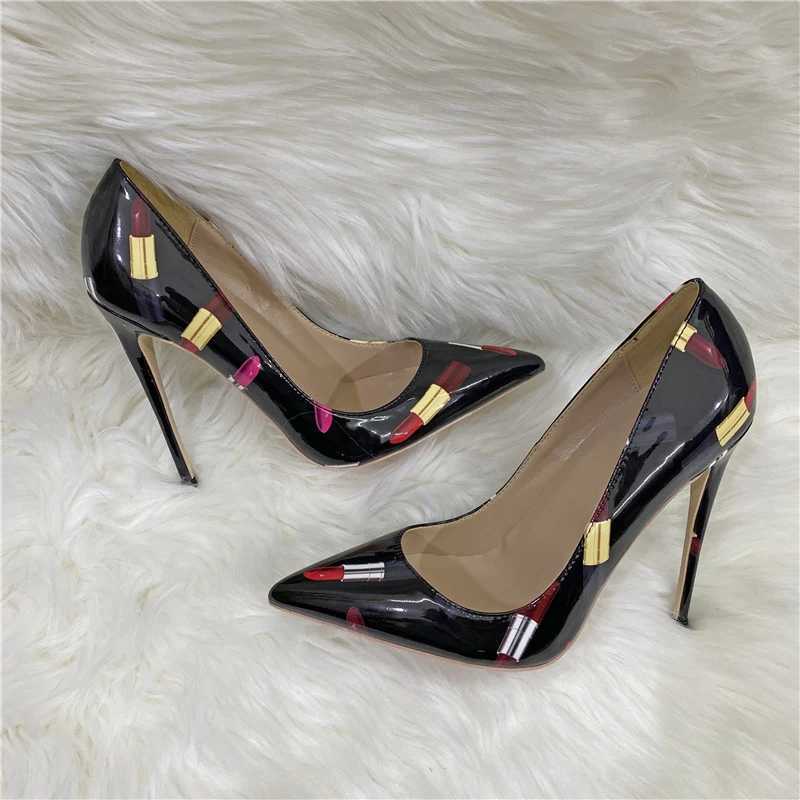 Heelgoo Newly Lipsticker Print Women Glossy Pointy Toe High Heel Black Party Shoes Slip On Stilettos Pumps Plus Size 33-46C241228