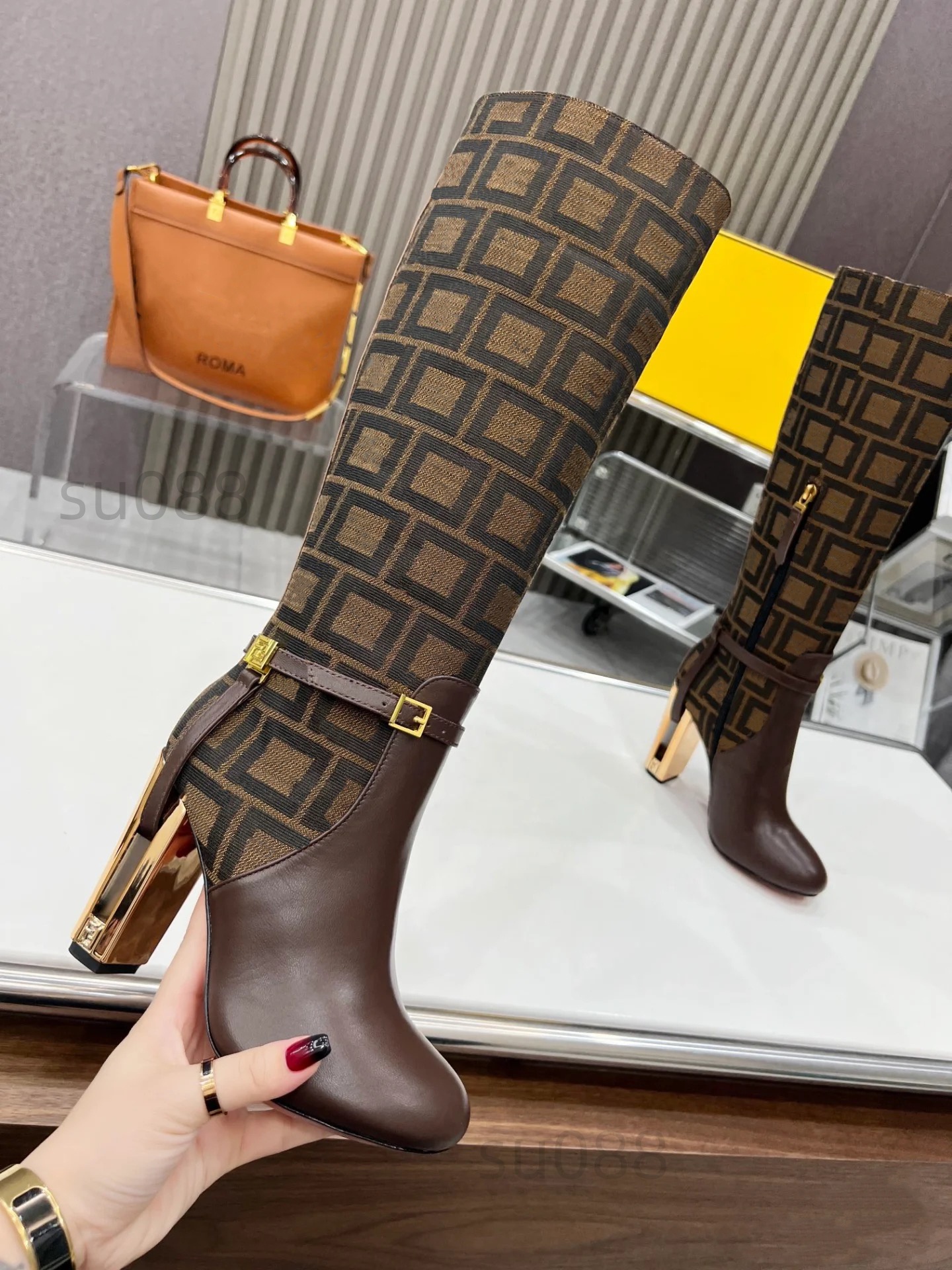 Lanjia- Elegant Knee Fashion Boots For Women - Round Toe, Thick High Heel, Side Zipper Design Sizes 35-43 13F9a