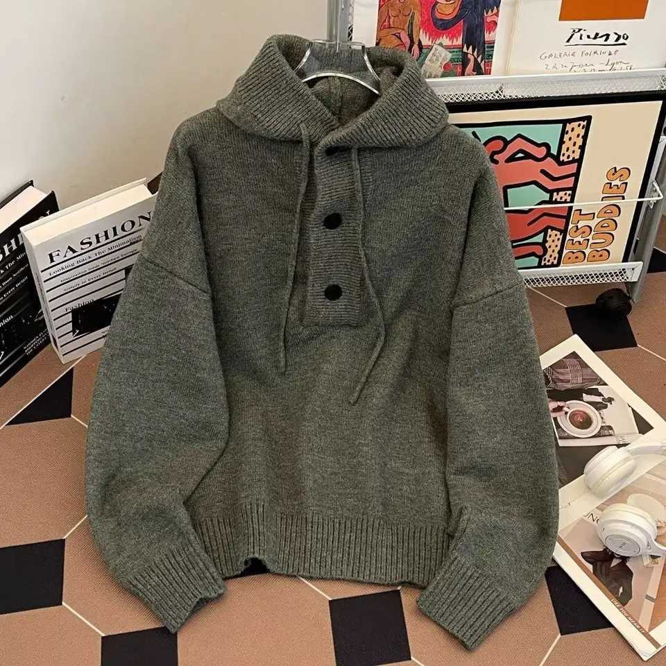 American autumn and winter men and women trendy personalized hooded sweater for couples loose retro knitted casual Harajuku top X241228
