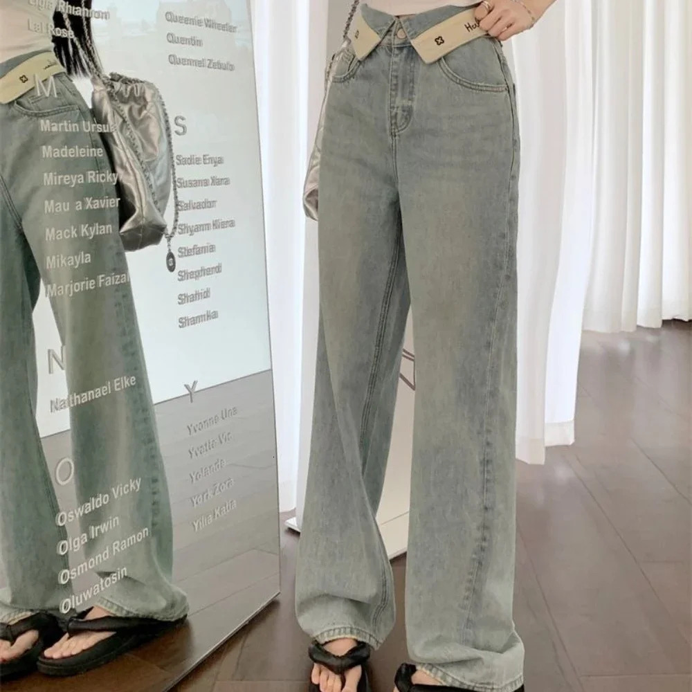 Letter Trousers With Pockets Pants For Woman Blue Straight Leg Women's Jeans High Waist Shot Baggy Grunge Y2k Gyaru Stylish Xxl