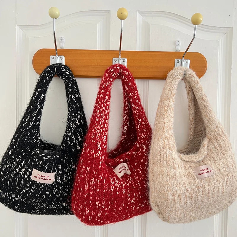 Hylhexyr Womens Small Square Wool Knitted Shoulder Bag Autumn Winter Tote Handbag Cotton Daily Wrist Bags 241228