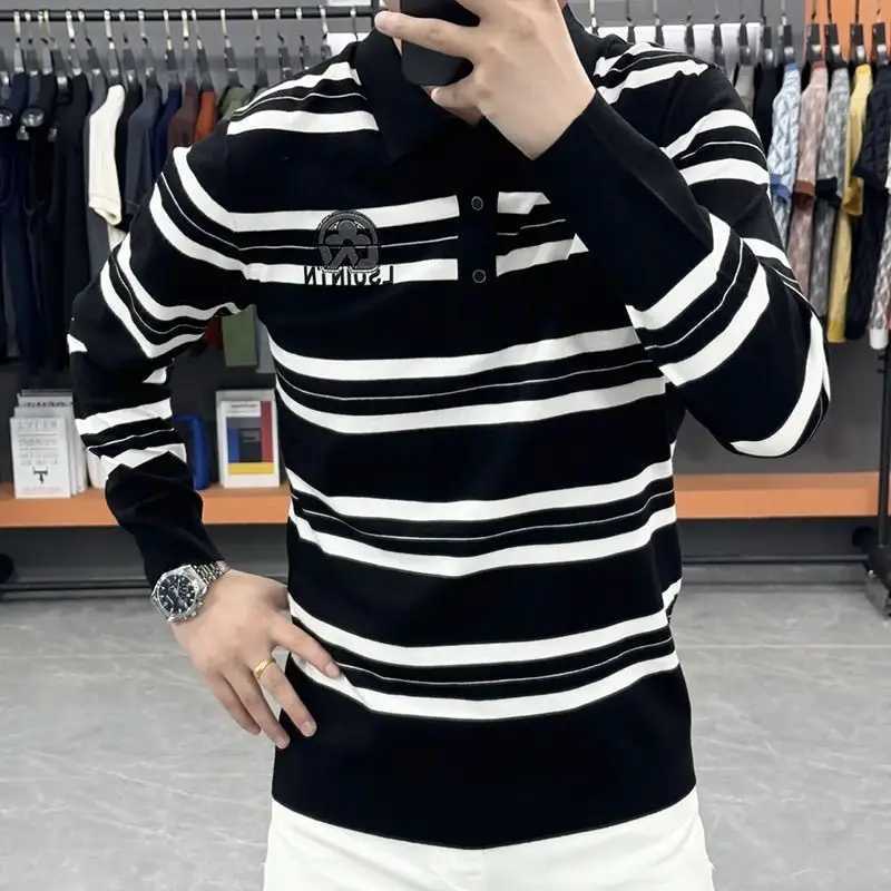 Trend Fashion England Men shirt Shirts Spring Autumn New Lapel Striped Contrast Color Luxury Casual Long Sleeve Sweatshirt Tops X241228