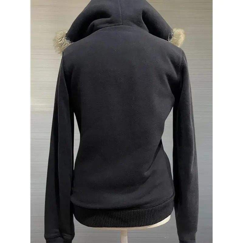 Vintage streetwear Winter fur collar thickened warm hoodie Women zip-up hoodie black lettering comfortable sweatshirt 241227
