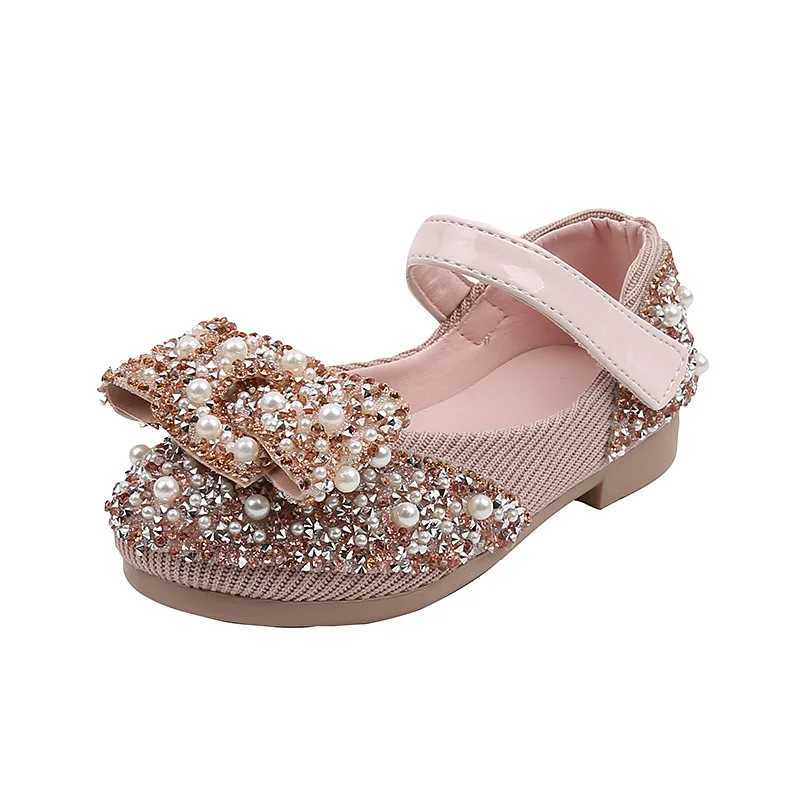 Little Girl Pink Diamond Princess Par Shoes Childrens Pearl Bow Dance Apartment Preschool Girl Shining Performance Shoes W241228