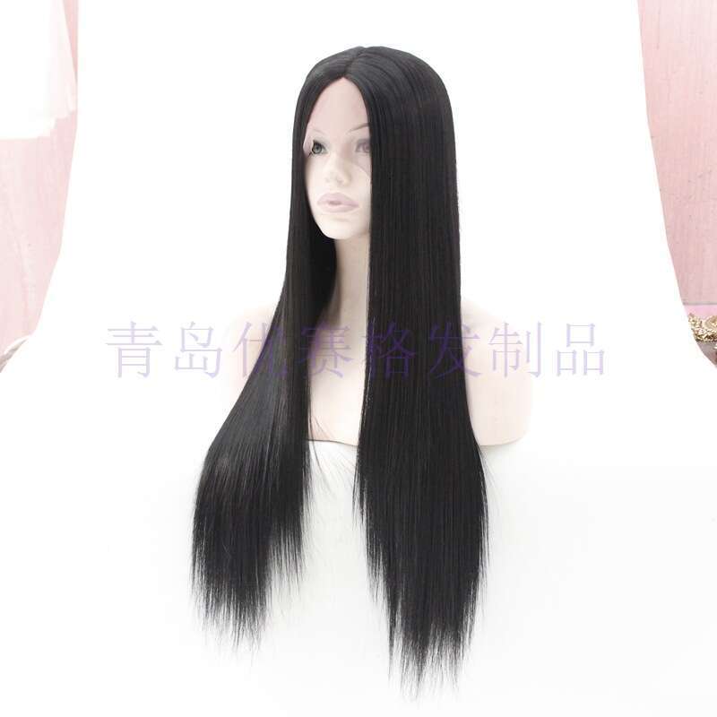 Wig For Ladies, Mid Length Straight Hair, Black Synthetic Front Lace Wig Headband Kq2 Kq2