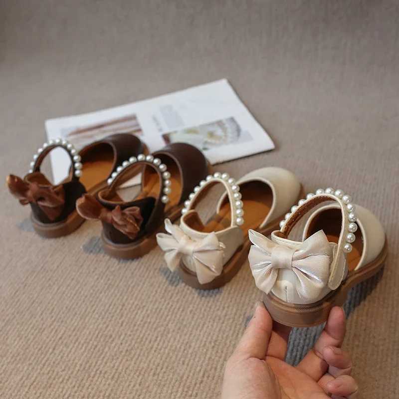 Children Flat Leather Shoes for Girls Fashion Princess 2024 Spring Summer Kids Flats Bowtie on The Back with Pearls Beads Sweet W241228