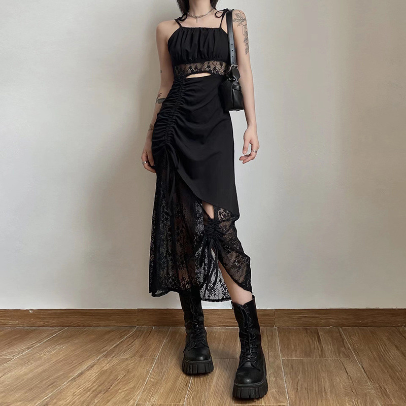 S160 Lace splicing suspender dress for women, backless, slim, hollow, pleated, waist-hugging chic long dress
