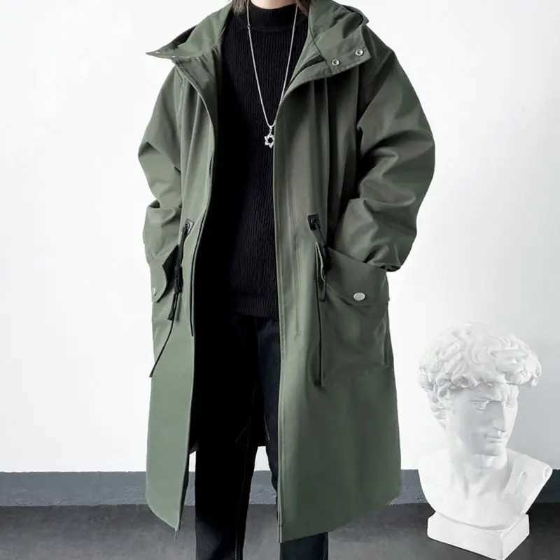 Spring and autumn green windproof fashion mens mid to long casual hooded jacket mens daily high street coat mens clothing W241228