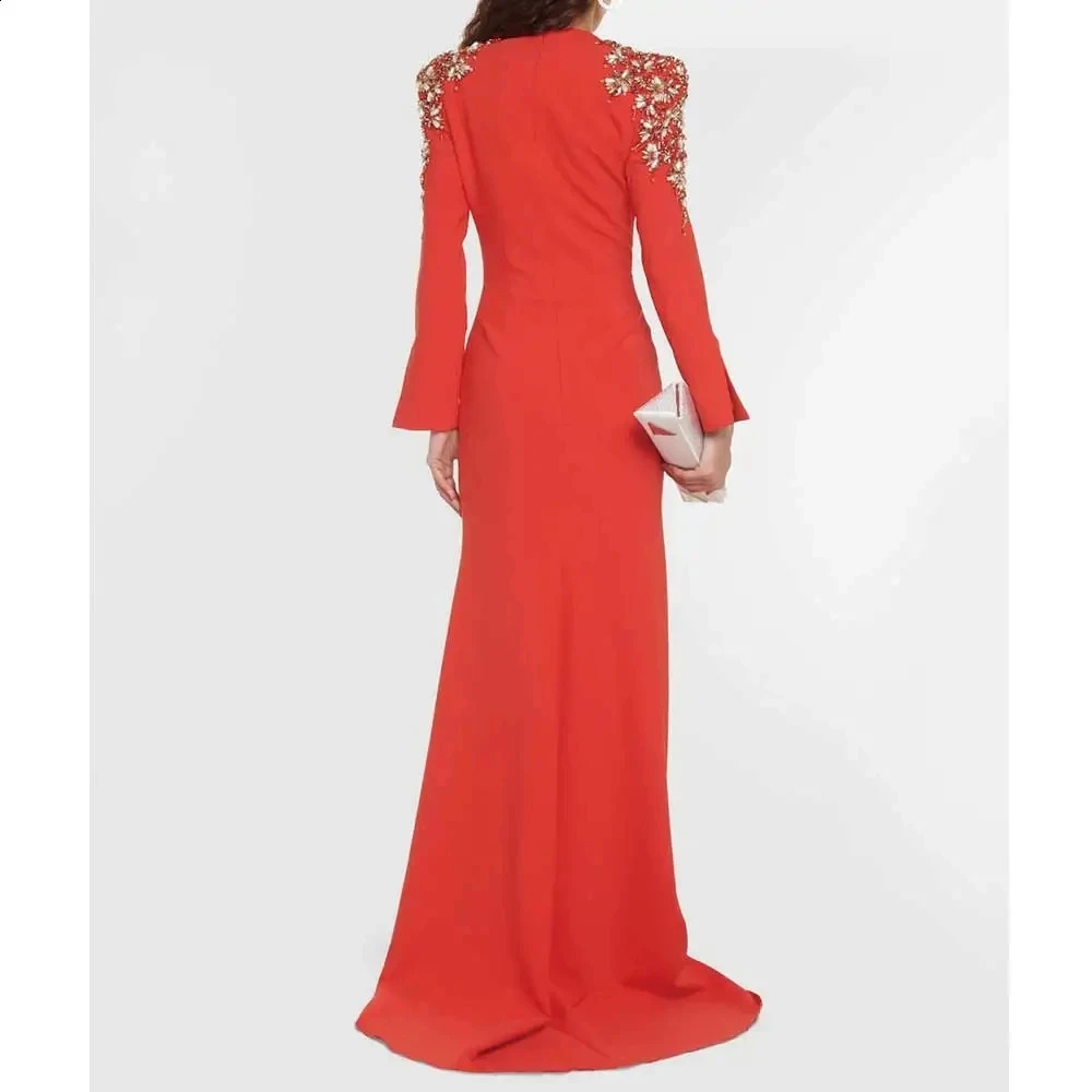 Elegant Red Evening Gown Rhinestone V-Neck Prom Dress Mermaid Customized Long Sleeves Beading Saudi Arabia Women Formal Dress 241223