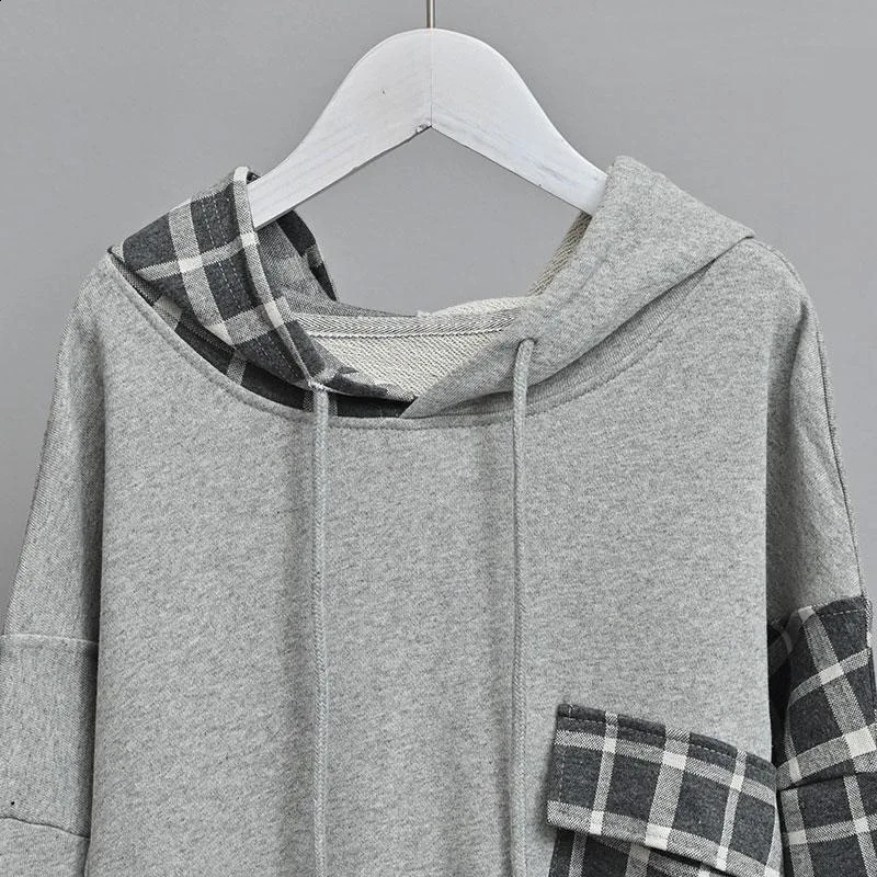 Women Plaid Patchwork Fashion Oversized Streetwear Cotton Hoodies Autumn Casual Long Sleeve Pullovers Female Hooded Sweatshirt 241223
