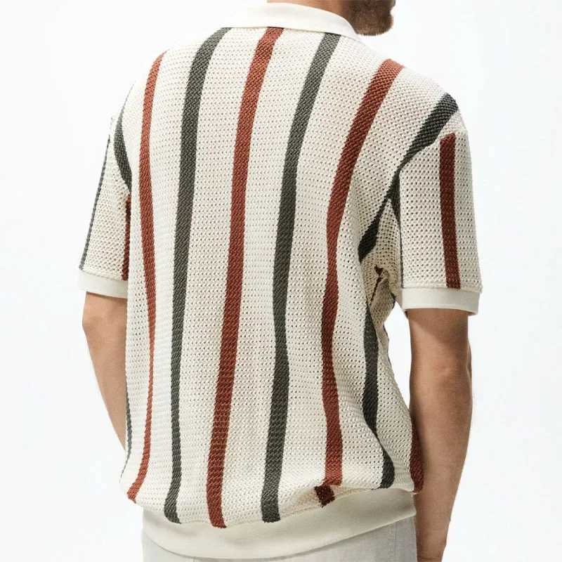 Sexy Hollow Mens Knitted shirt Shirt T-shirt Hollow Breathable Knitted T-shirt Top Striped Color Contrast Business Casual Jumper X241228