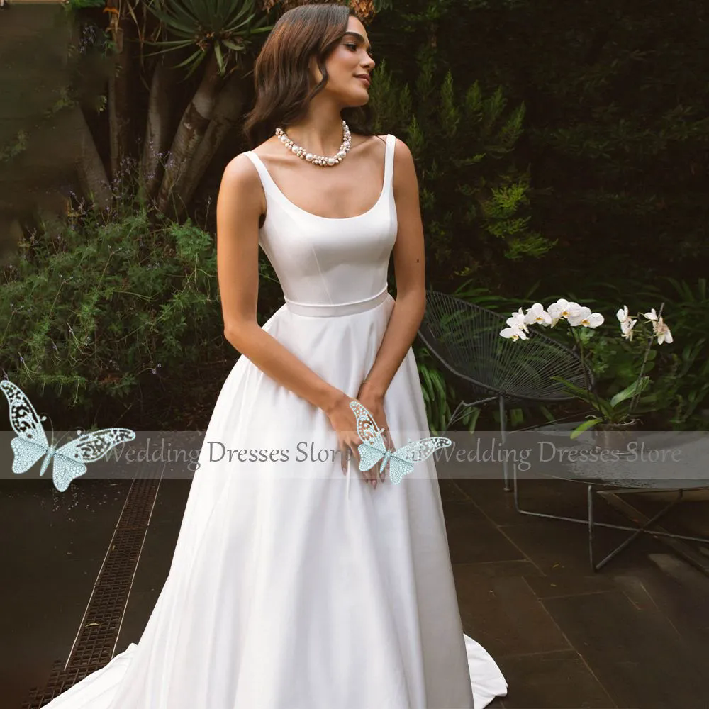 White Pleat A E Wedding Dress Square Vestido De Noiva Satin Appliqued Women V Neck Gown Bridal Party Custom Made Beach Brides Gowns ppliqued s