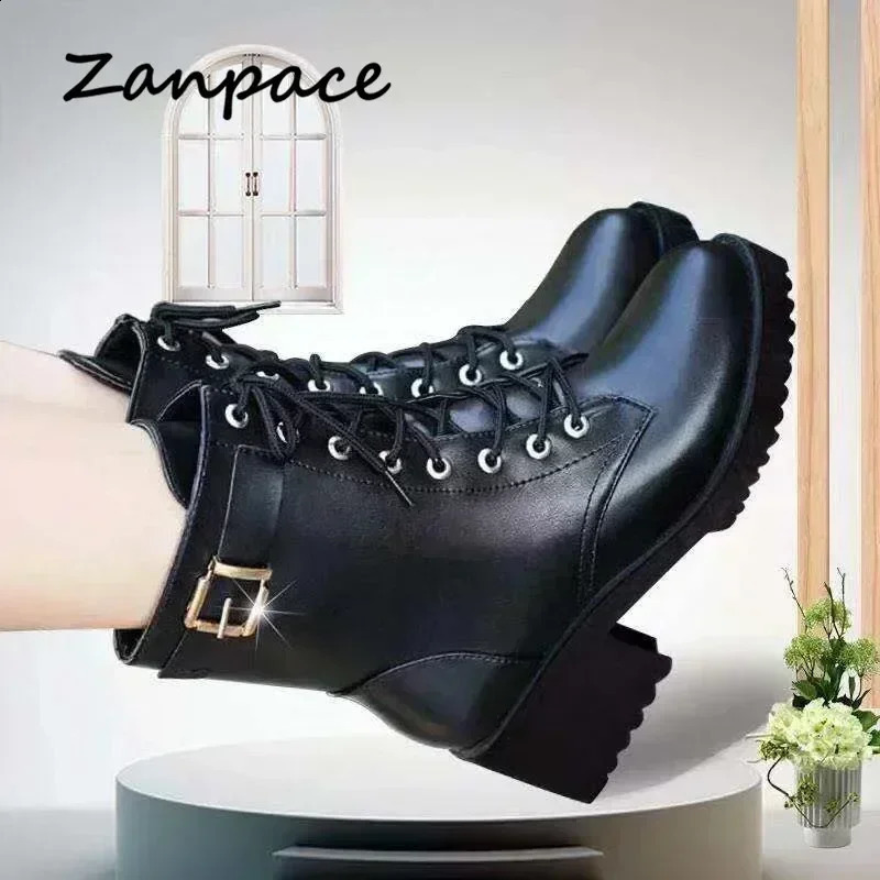 Winter Leather Women Boots Thick Wool Warm Highheeled Genuine Boot Highquality Female Snow Shoes 241223