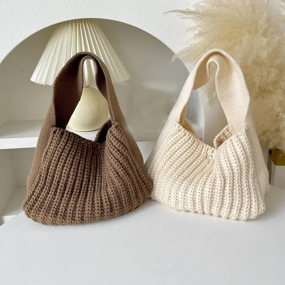 Handmade Knit Handbag Women Mini Knot Wrist Bag Fashion Casual Color Tote Bag Student Reusable Shopping Bags 241227