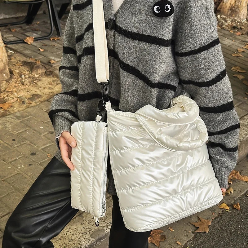 Winter Space Cotton Tote Bag For Women Fashion Casual 2 Set Messenger Bag Silver Puffy Handbag Large Capacity Bag 241227