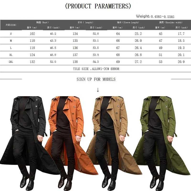 Mens Long Trench Coat Solid Color Long Sleeve Leisure Lapel Button Cardigan Coat Business Commuter Cloak Coat S-2XL W241228
