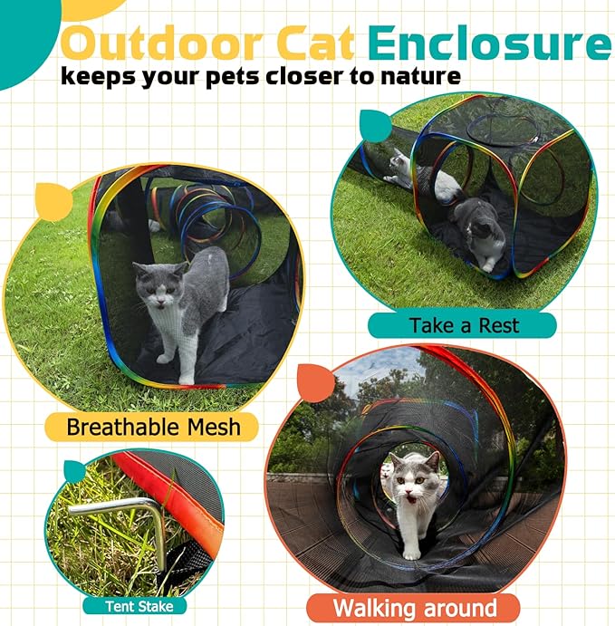 Outdoor Rainbow Cat Enclosures Playground Outside House for Cats Portable Cat Tent, Circle Playpen Tunnel, for Kitty and Small Animals Within Storage 