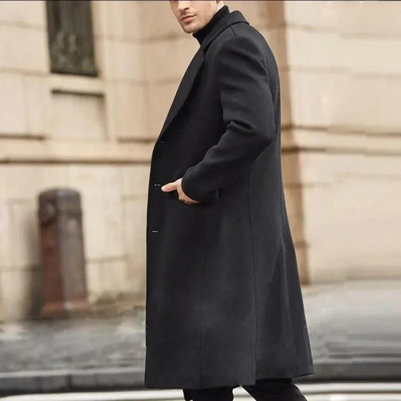 Men Casual Trench Coat Slim Fit Notched Collar Long Jacket Overcoat Single Breasted wih Pockets 241220