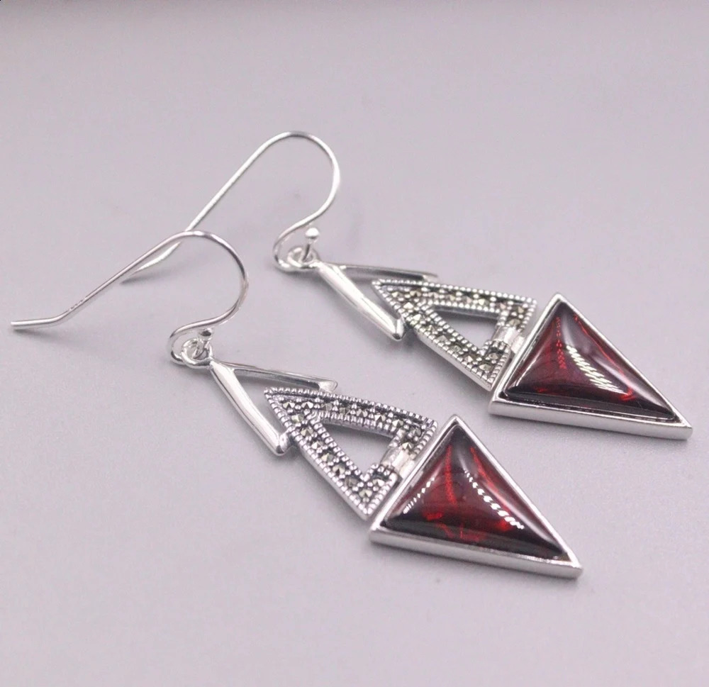 Real Solid 925 Sterling Silver Dangle Women Gift Lucky Garnet Triangle Geometry Earrings 241226