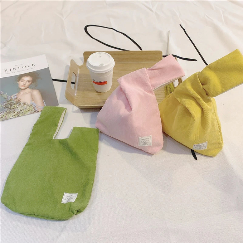Women Knot Wrist Bag Handmade Corduroy Handbag Japanese Casual Color Wide Stripe Coin Purse Phone Key Storage Tote Pouch 241227