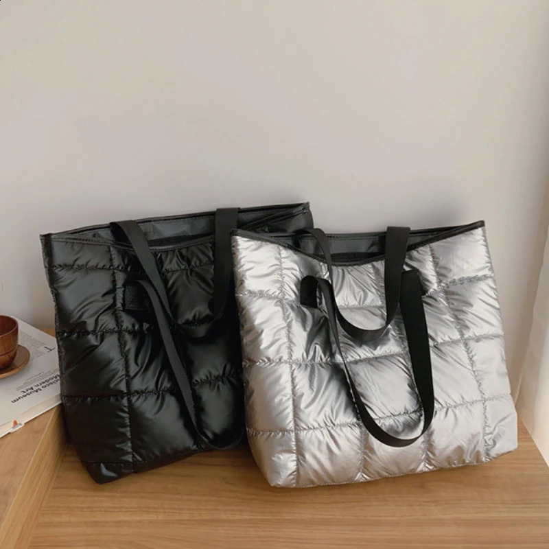 Fashion Large Tote Padded Handbags Autumn Quilted Women Shoulder Bags PU Down Cotton Thread Crossbody Bag Winter Bag 241227
