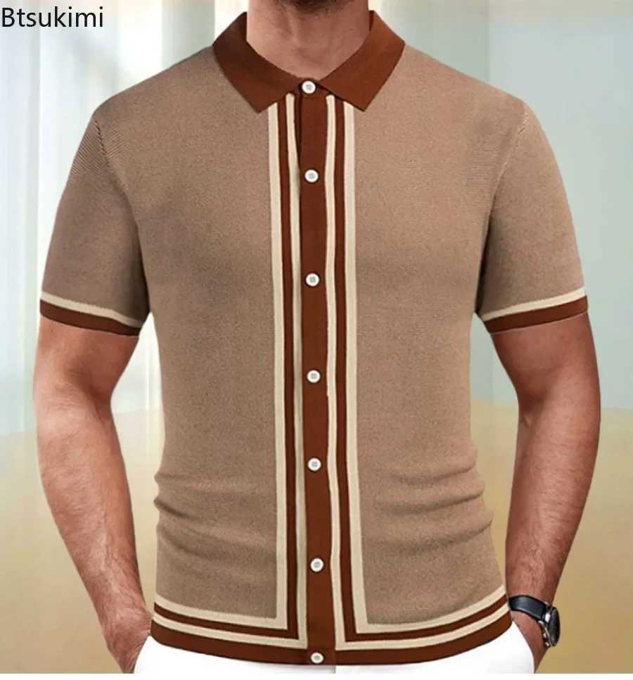 2024 Mens Striped Short Sleeve Knitted Shirts Summer New Comfy Breathable Casual Business shirt Shirts Men Sport Loose Tops X241228