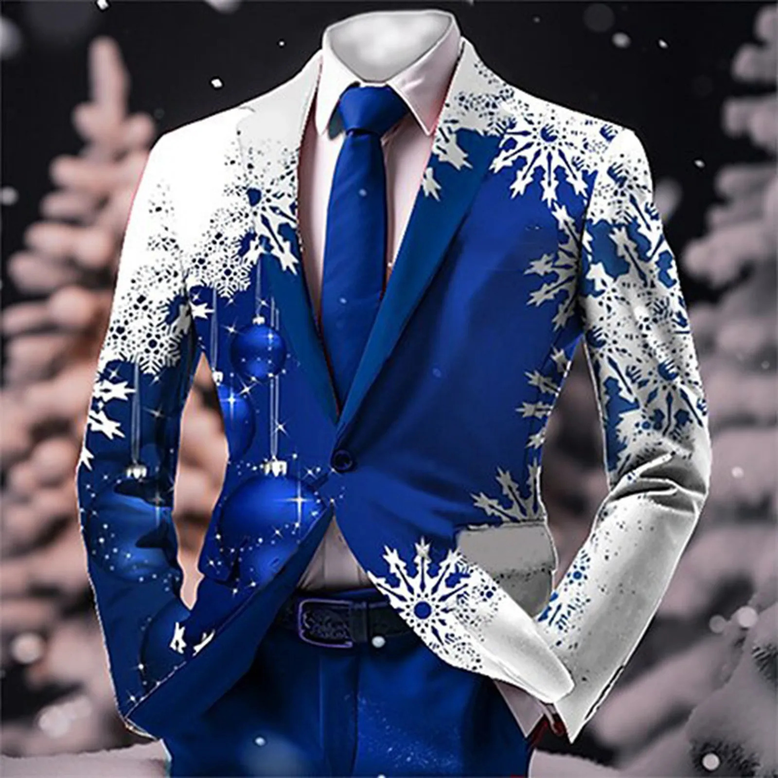 Snowflake print mens Christmas jacket single chest business casual slim fit set jacket outdoor party Christmas set men 241227
