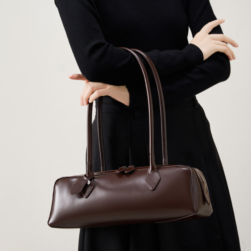 Burminsa Genuine Leather Long Handle Underarm Shoulder Bags For Women 2025 Designer Korean Purses Tote Ladies Handbags