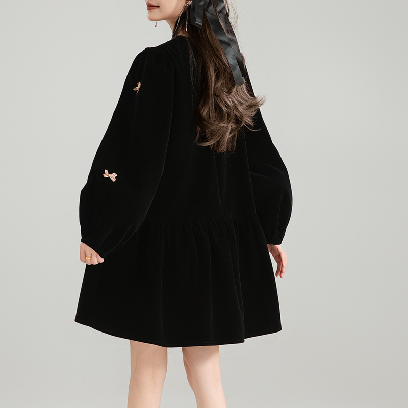 M826 Bowknot black velvet dress Spring 2024 new style high-end Qianjin style puff sleeve skirt