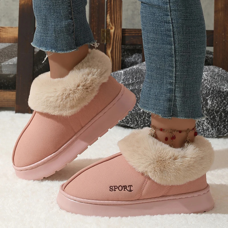 Pink Faux Fur Winter Boots Women Suede Short Plush Snow Woman Non Slip Thick Bottom Cotton Padded Shoes 45 241223