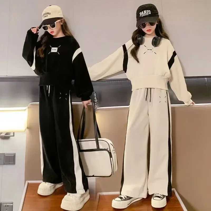 Girls Casual Sports Suit Clothes Spring and Autumn Junior Children Korean Fashion Splicing Tops Long Pants 2 Piece Sets 3-15Y X241228