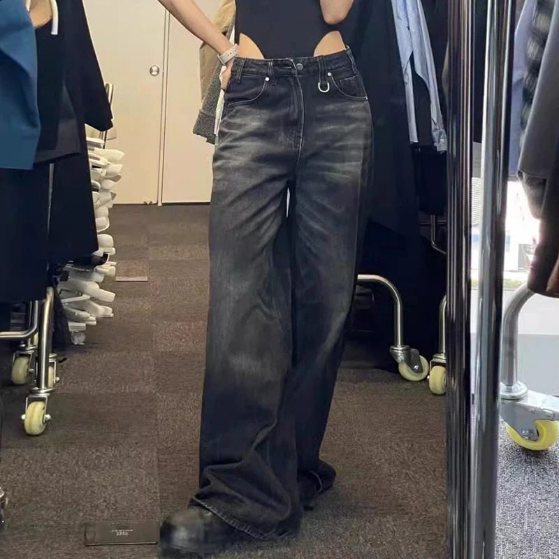Vintage Black Barrel Jeans Wide Leg Pants Woman Men High Waisted Loose Baggy Female Streetwear Y2K Trousers 241228