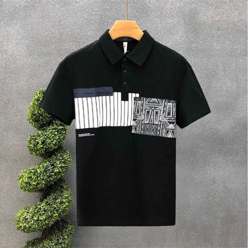 Simple Trend Summer Mens Square Neck Printed Contrast Button Korean Casual Short Sleeve shirt Top X241228