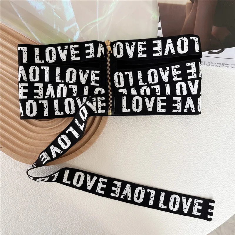 Getspring Women Cummerbunds Letter Printed Zipper Black Wide Belt Fashion Elastic Waistband All Match Ladies Waist Band Corset 241227