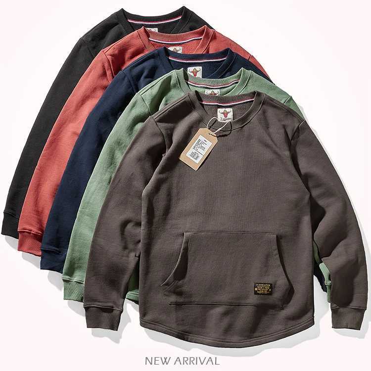 Autumn Winter New American Retro Heavyweight Velvet Kangaroo Pocket Sweatshirts Mens Simple Pure Cotton Washed Casual Sportwear X241228