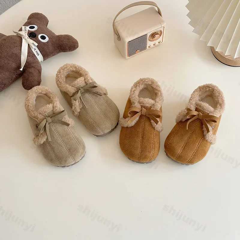 Childrens Plush Womens Shoes Winter New Style Bow Soft Sole Anti slip Cotton Flat Bottom Comfortable and Warm Casual Shoes W241228