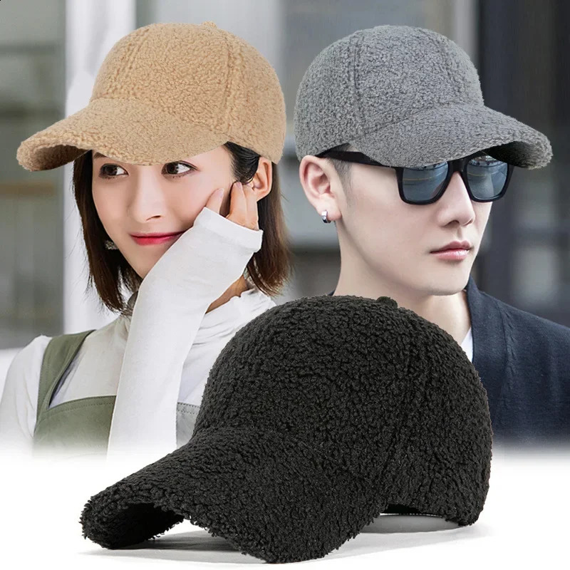 Winter Women Baseball Cap Men Artificial Lamb Wool Duck Tongue Hats Plush Thickened Warm Fashion Solid Velvet Sunshade Hat 241227