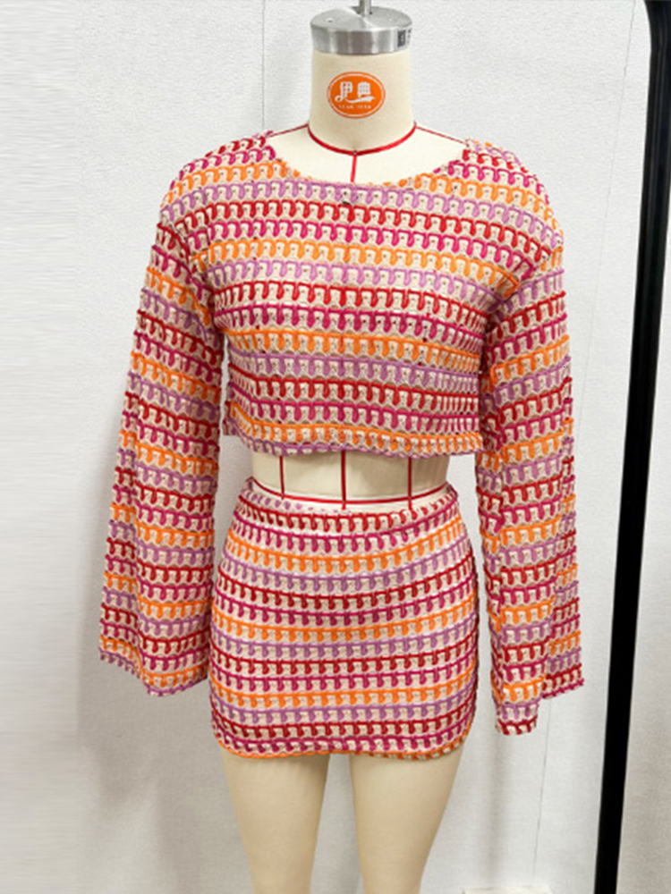 Printed O Neck Women Crop Top Set Stripe A E Female Mini Skirts Suits Summer Beach Flare Sleeveless Lady Shirt Sets