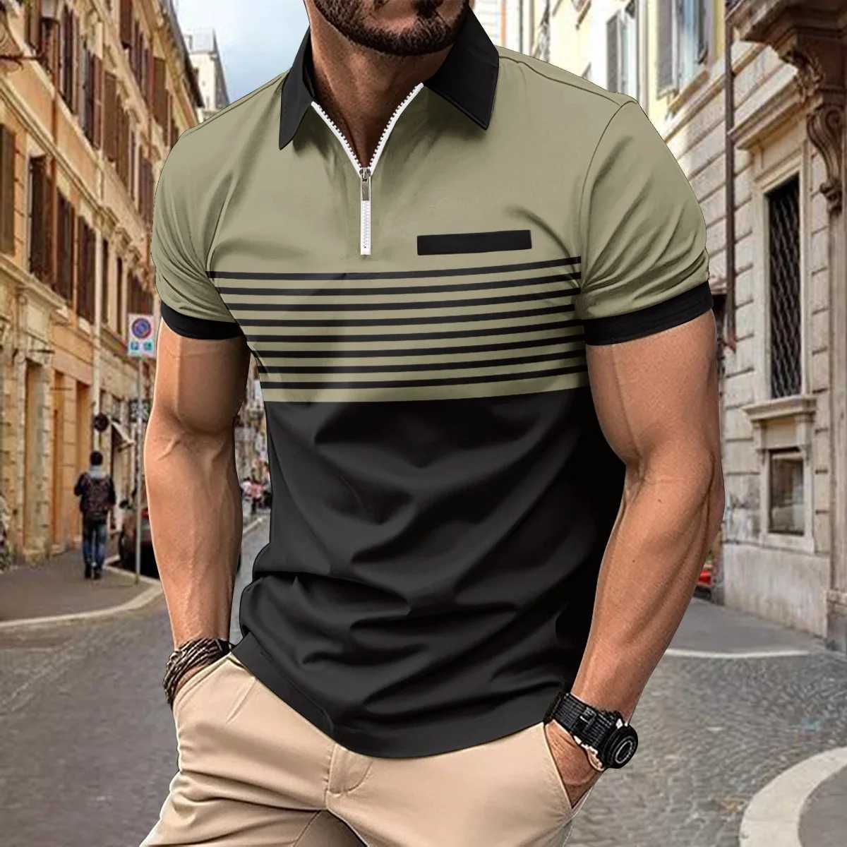 Mens Clothes Summer Lapel Zipper Stripe Stitching shirt Shirt Mens Short Sleeve Casual shirt Shirt X241228