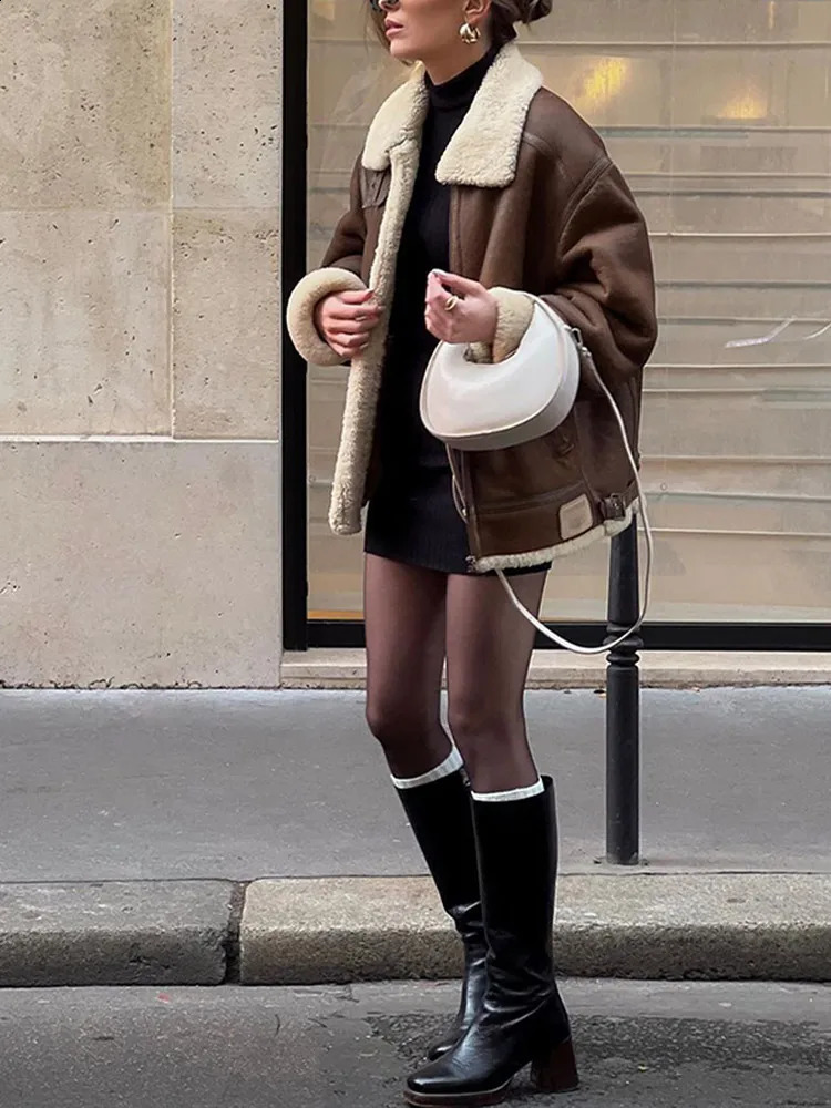 Vintage Brown Long Sleeve Fur Leather Short Coat Women Fashion Pockets Zipper Thicken Lambwool Jacket Lady Outerwear 241220