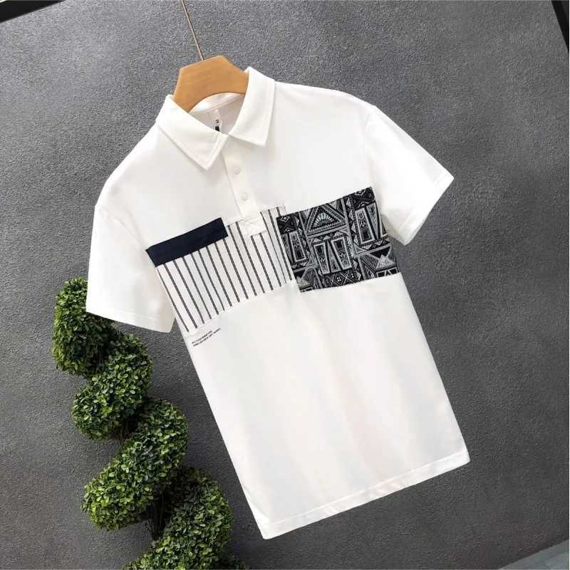 Simple Trend Summer Mens Square Neck Printed Contrast Button Korean Casual Short Sleeve shirt Top X241228