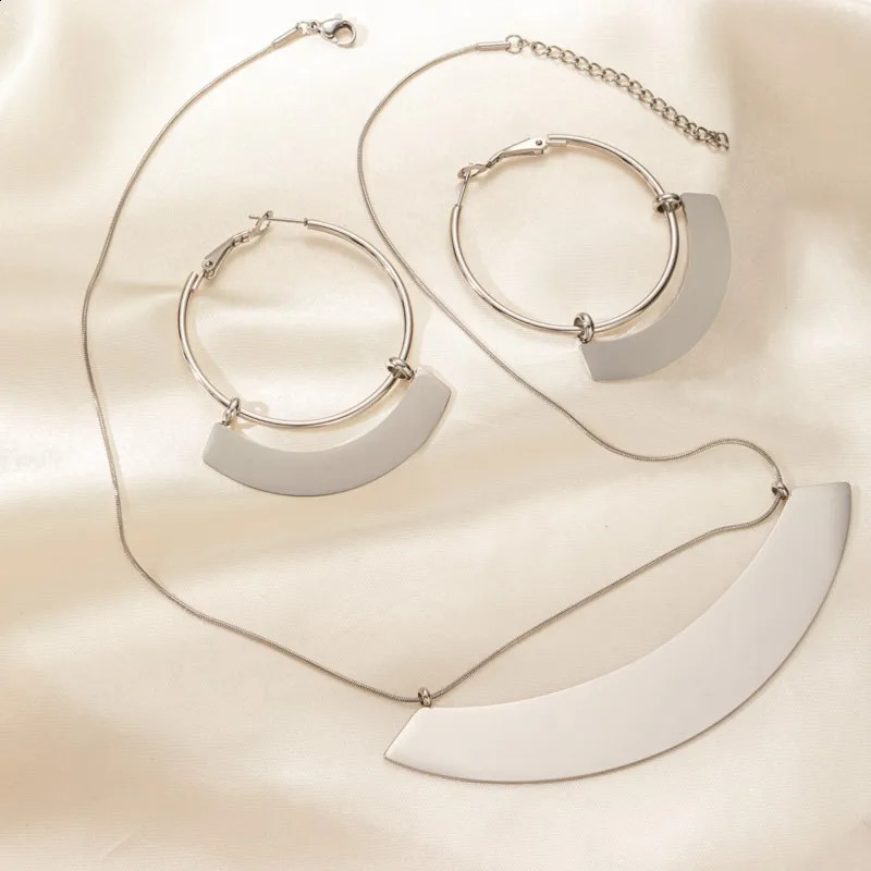 ANENJERY 316L Stainless Steel Geometric Metal Necklace Earring for Women Simple temperament Party Jewelry Set 241226