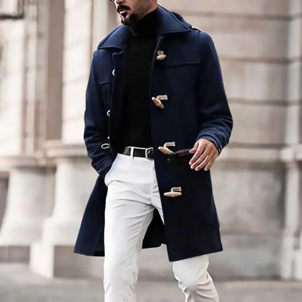 Men Jackets Coats Horn Button Solid Color Lapel Slim Mid-length Overcoat Autumn Winter Warm Trench Jackets for men jackets W241228